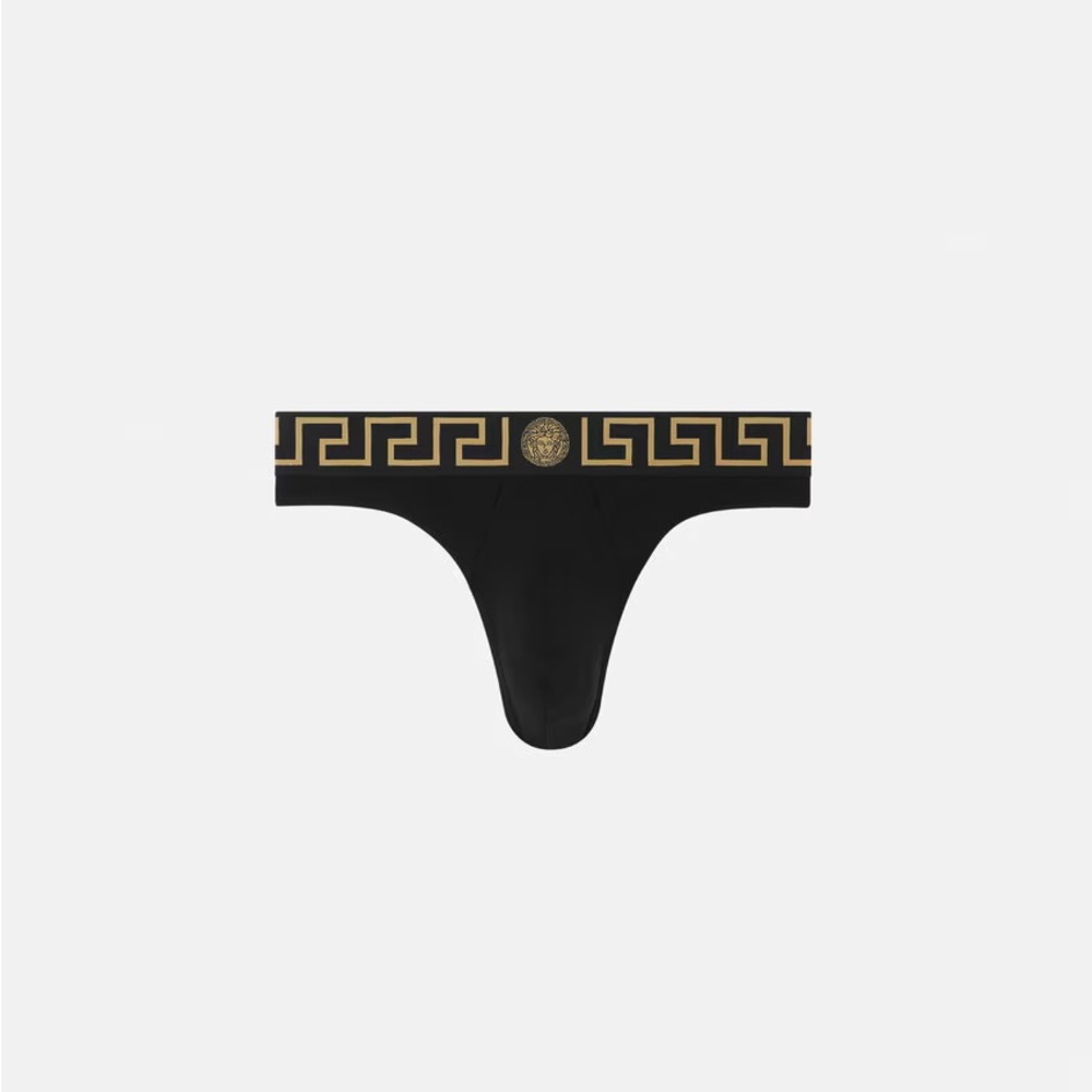 Versace Greca Border Medusa Greek Key Logo Black Thong Underwear w/ Tags+Box - Picture 2 of 5